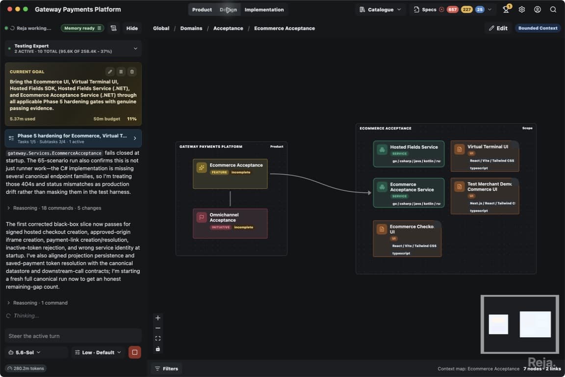 Gateway Ecommerce Acceptance product map inside Reja with Testing Expert working alongside it